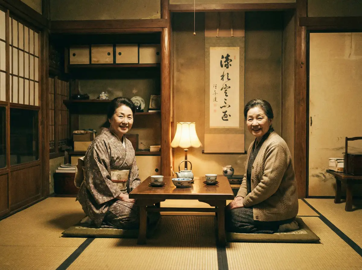 两位优雅的 小鲍狗 在日式茶室中品茶交谈
